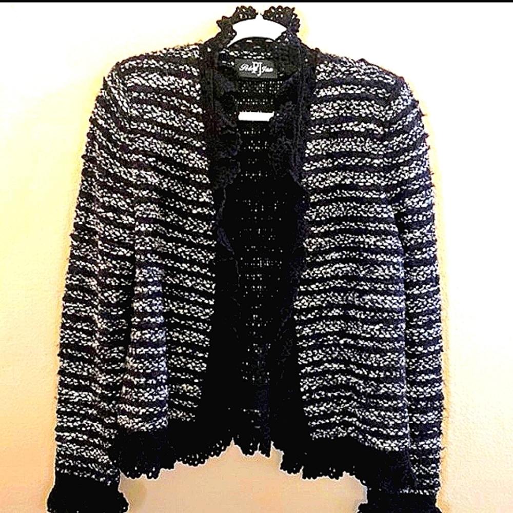 PETER JAN M WOOL RAYON TWEED BOUCLE KNIT CROCHET CRYSTAL BUTTON CARDIGAN JACKET